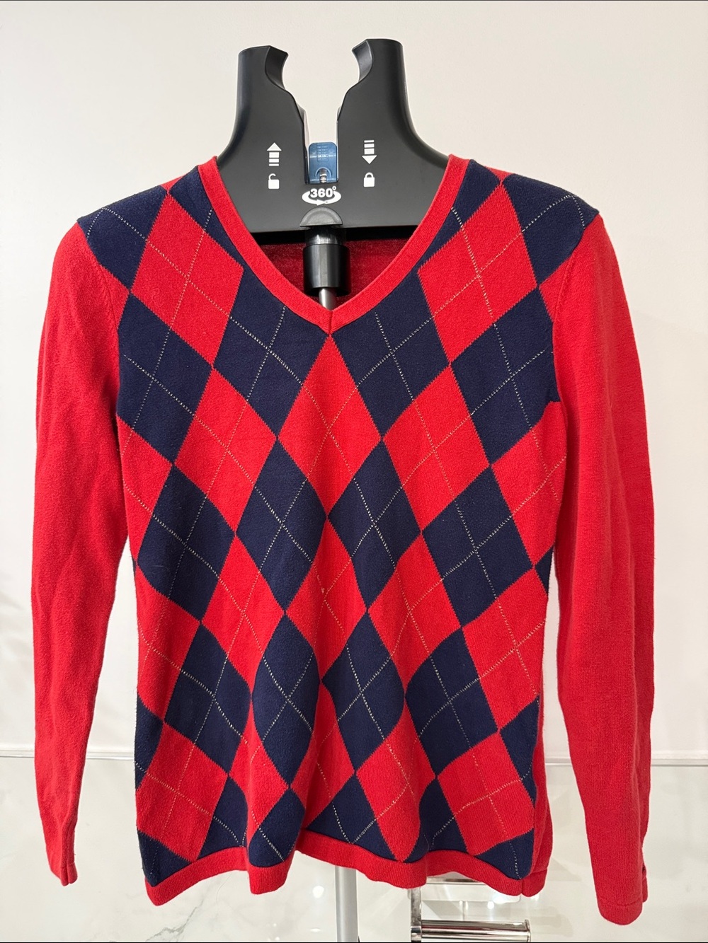 Tommy Hilfiger Red and Navy Argyle V-Neck Sweater Small